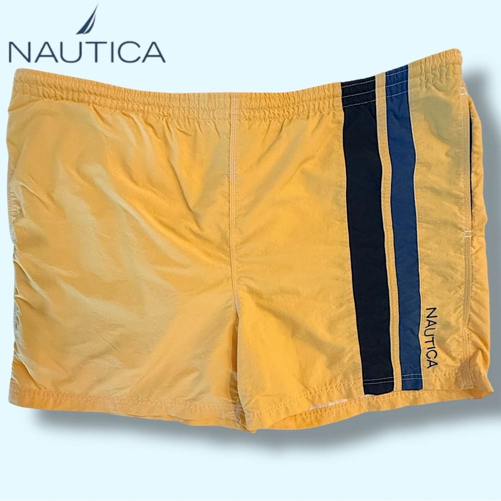 Nautica Men’s Yellow Blue Stripes Swim Trunks Swimwear Suit | Sz XXL